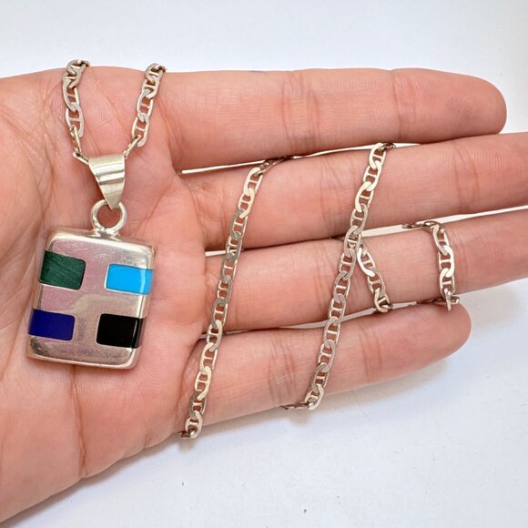 Sterling Silver 925 Multi Gemstone Southwestern Pendant Necklace Size 23" Length - Picture 12 of 16